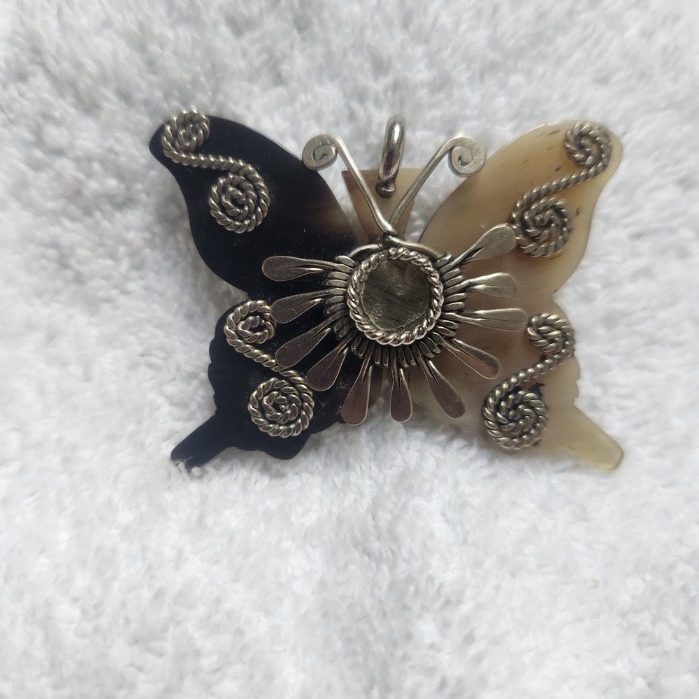 Vintage Carved Horn Butterfly Pendant Silver Tone Wire Wrap Boho Statement